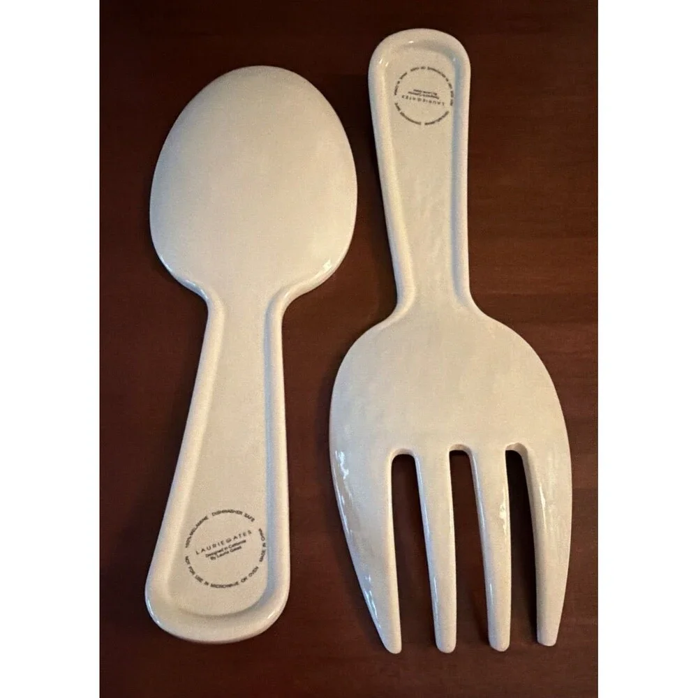 Laurie Gates Salad Server Tray Set Spoon & Fork White Teal Trim 10.5